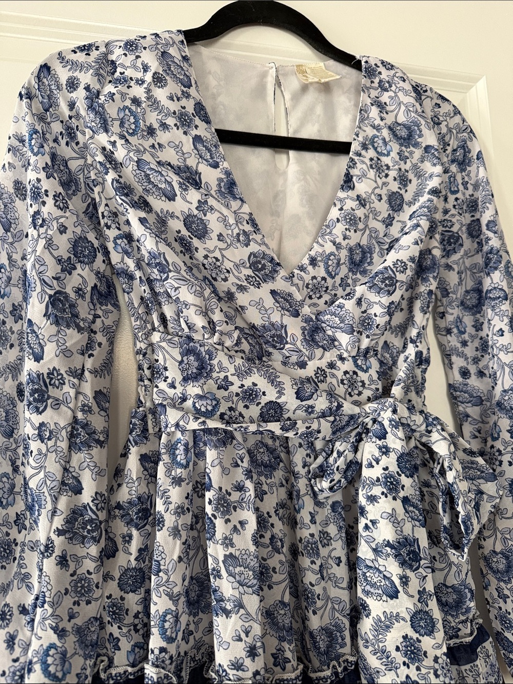 Japna Blue and White Long Sleeve Floral Wrap Dress - Picture 2 of 10